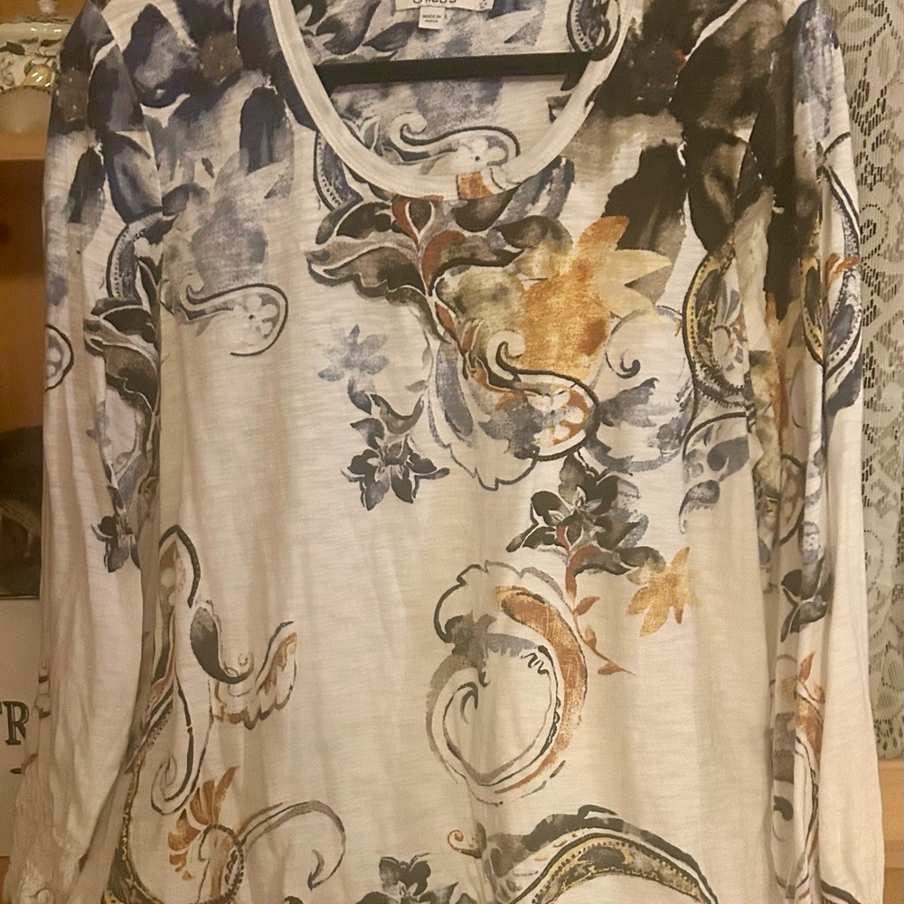 Chico's Cream Long Sleeve Scoop Neck Top with Blue & Gold Scroll Print